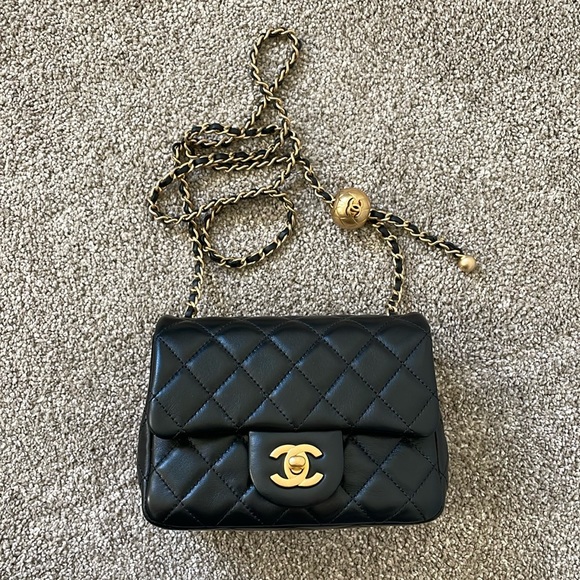 CHANEL Handbags - 【sold】Chanel Lambskin Quilted CC Pearl Crush Mini Flap square, Black, gold ball
